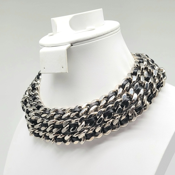 Yves Saint Laurent HEAVY Triple Curb Chain Statement Necklace w Leather Inlay - Picture 9 of 13